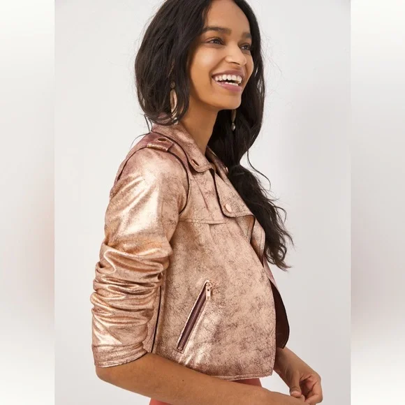 Anthropologie Gold Leather Motorcycle Jacket - Picture 4 of 13